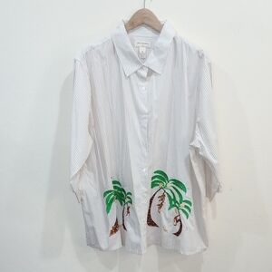 Bechamel Striped Blouse With Embroidered Monkeys and Bananas, Size 3X - Vintage!